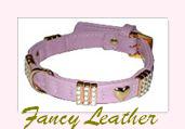 Designer leather dog collars with sequins, charms, plain and fancy, rhinestone and leather dog collars, upscale dog boutique collars